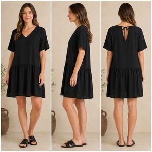 Eileen Fisher Tunic Dress Womens M Black Drop Waist V-Neck Short Sleeve Y2K